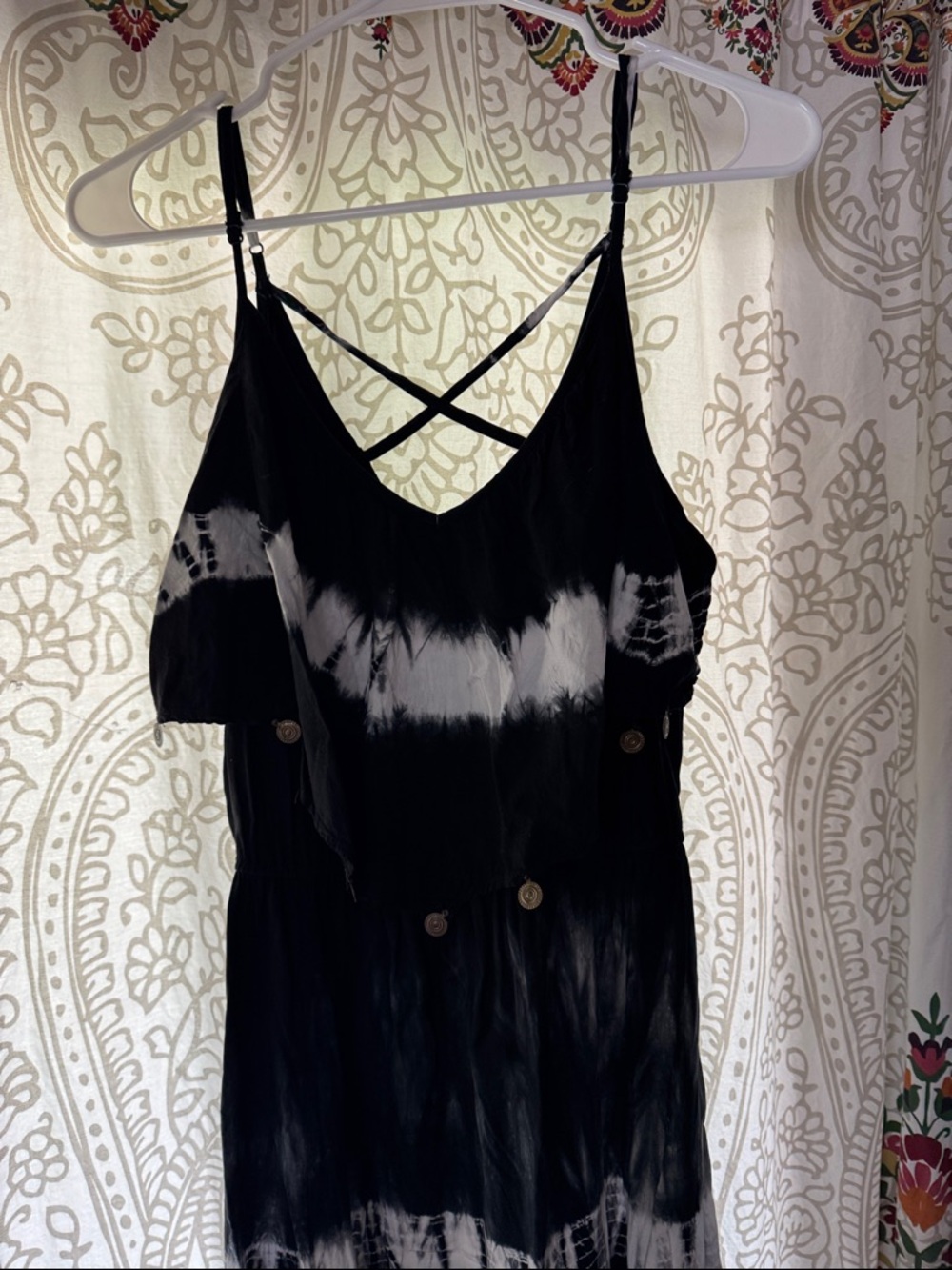 American Eagle Outfitters Black & White Tie-Dye Strappy Maxi Dress